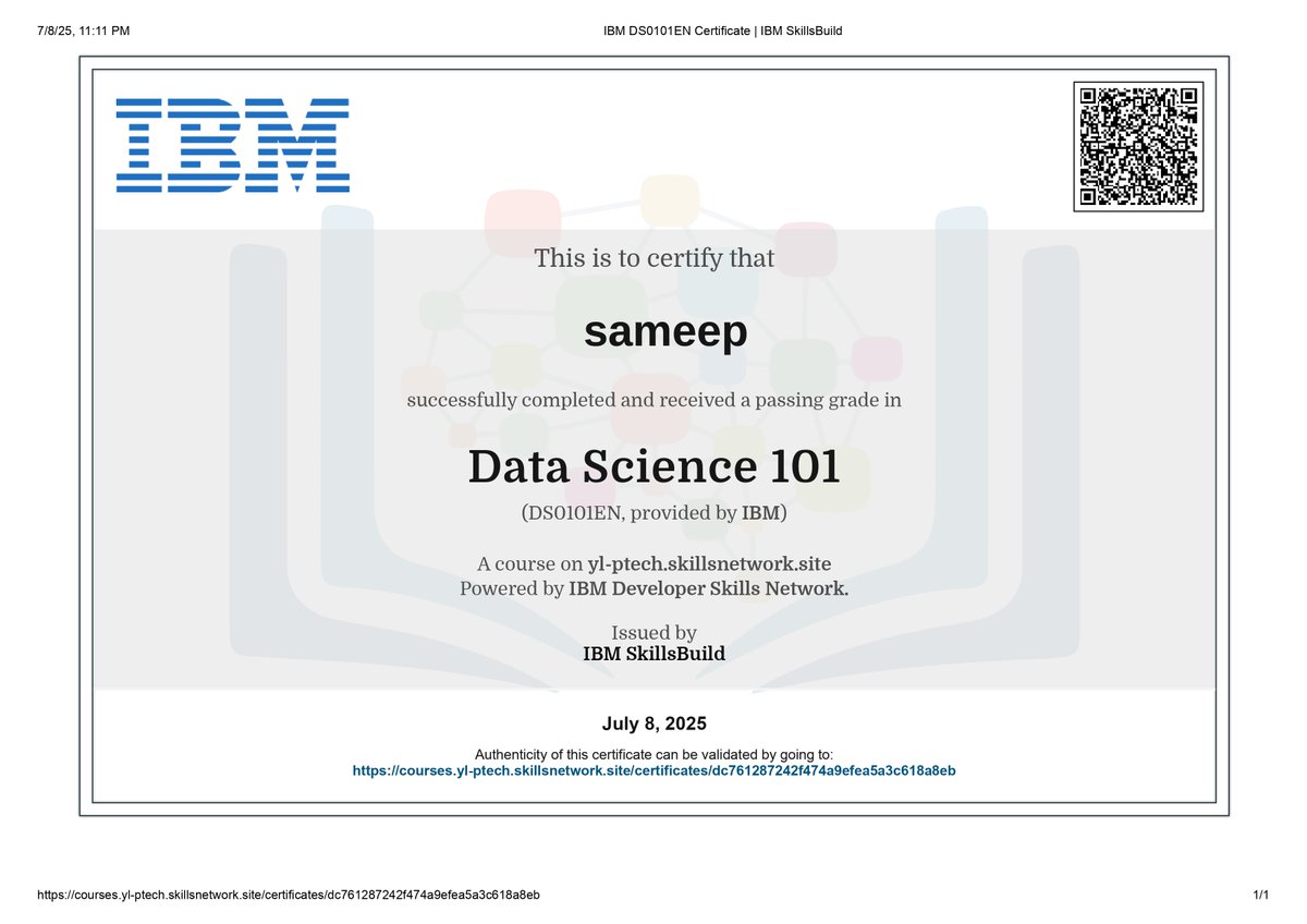__sameep_______'s tweet image. 🚀 Just completed Data Science 101 from IBM SkillsBuild!

Excited to strengthen my data skills and dive deeper into analytics &amp;amp; ML.

#DataScience #IBM #Learning #SkillsBuild