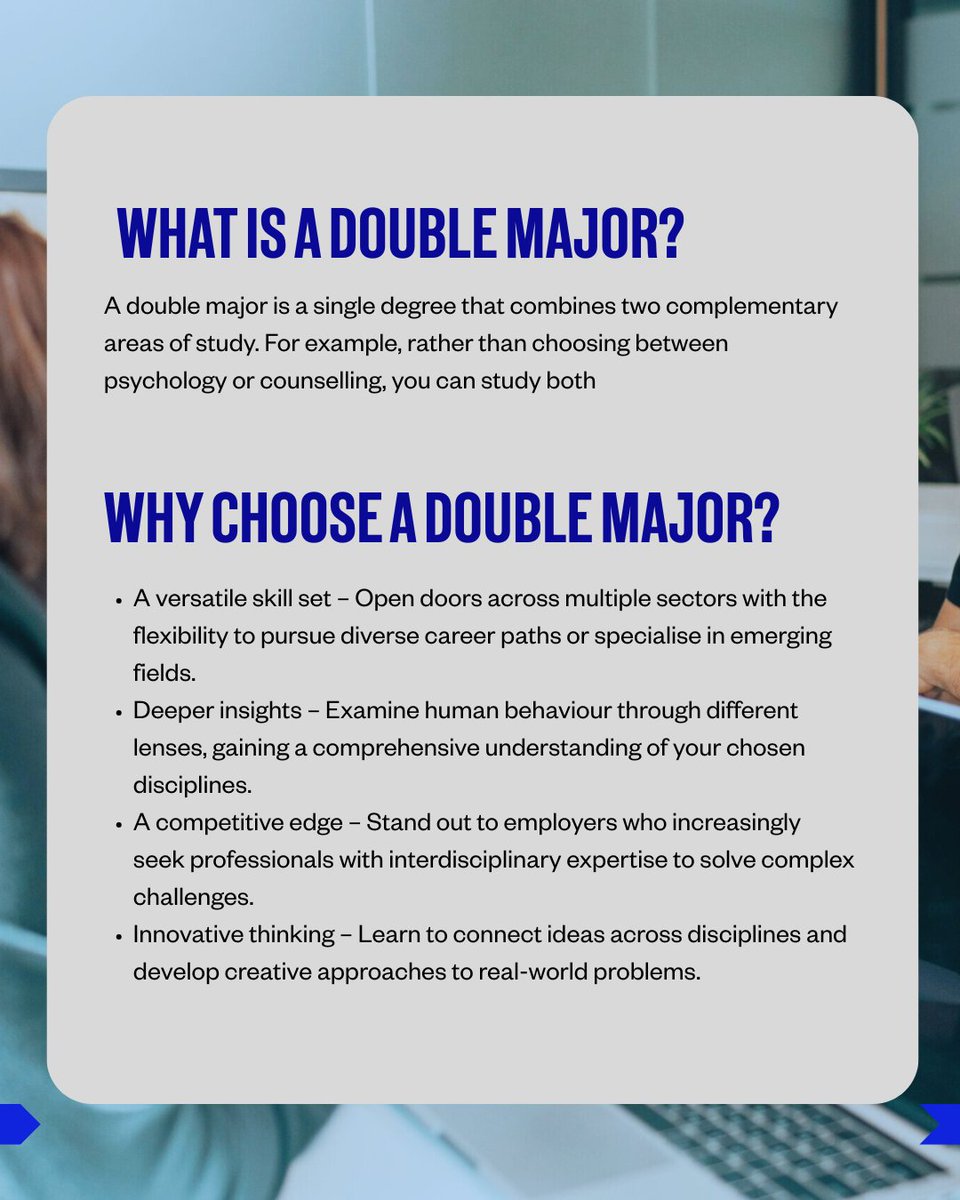 acapaus's tweet photo. Why choose one passion when you can pursue both? 🎓
ACAP's double majors let you combine complementary fields and double your expertise. Graduate ready to tackle complex human challenges from multiple angles. Find out more 👉 https://t.co/w4whE6HRwY https://t.co/98l9Inurml