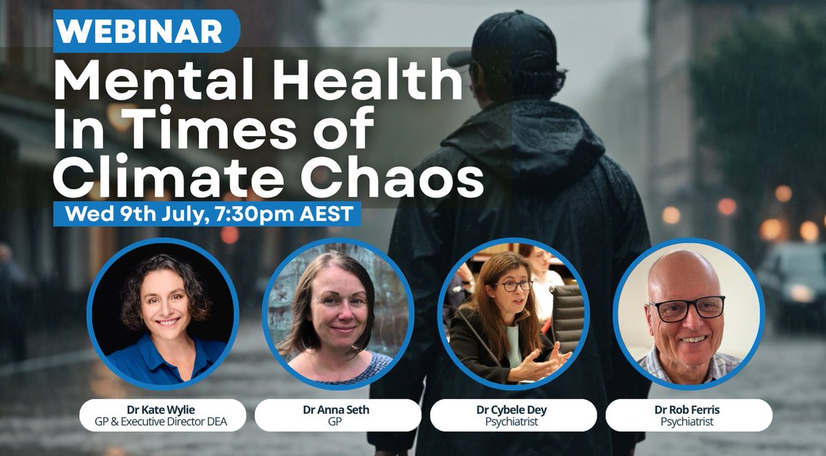 It’s hard not to be overwhelmed by all the chaos around as climate impacts become more &amp; more obvious.  

Join us tonight as we explore how climate change impacts our mental health &amp; discuss ways that we can care for ourselves &amp; others.   

Register here: dea.org.au/webinar_mental…