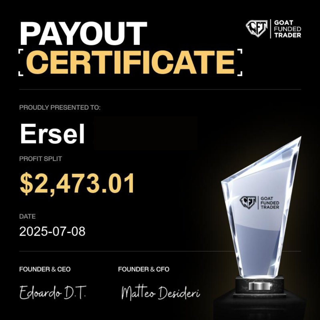 Congratulations to Filippos, Cuciurean, Vasilache and Ersel for their amazing Payouts! 🐐

All Payouts are processed in 2 business days

And if there's a delay, we add $500 EXTRA on top of your Payout.

Trade stress-free with Goat Funded Trader.