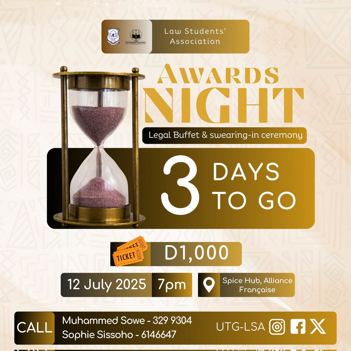 3 DAYS TO GO!⌛🥳🔥

Hellooooooo! It's about to go DOWN! We are just 3⃣ days away from the most anticipated event of the moment! 

Get your tickets NOW‼️
#AwardsNight 
#NightOfGlamour
#StudentLeadership