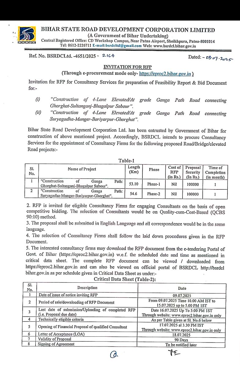 BSRDCL invited RFPs for consultancy service to prepare Feasibility Report &amp; Bid Document for 4-Lane Ganga Path from Bhagalpur to Munger.

🔸️Phase 1:- Ghorghat-Sultanganj-Bhagalpur-Sabour (53.1 km)
🔸️Phase 2:- Suryagadha-Munger-Bariyarpur-Ghorghat (54.6 km)