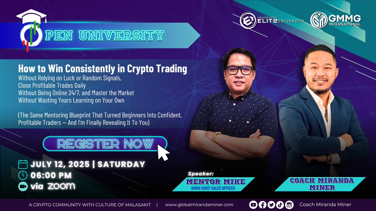 Trade with confidence — no more guessing or random signals.
Join our FREE Open University on July 12, 6PM via Zoom!
With Coach Miranda &amp; Mentor Mike 

📌 Register here 👇us06web.zoom.us/meeting/regist… 

⚠️ Limited slots available. Reserve yours now!