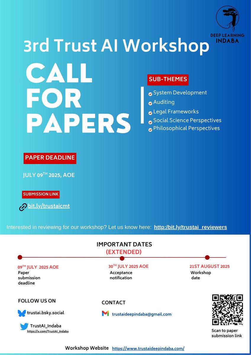 TrustAI_Indaba's tweet image. Call for papers closes today, you may still have a few hours before the submission portal closes! 
Trust AI workshop co-located with the @DeepIndaba  

Submission Portal: CMT: bit.ly/trustaicmt

#trustworthy #machinlearning #fairness #africans #research