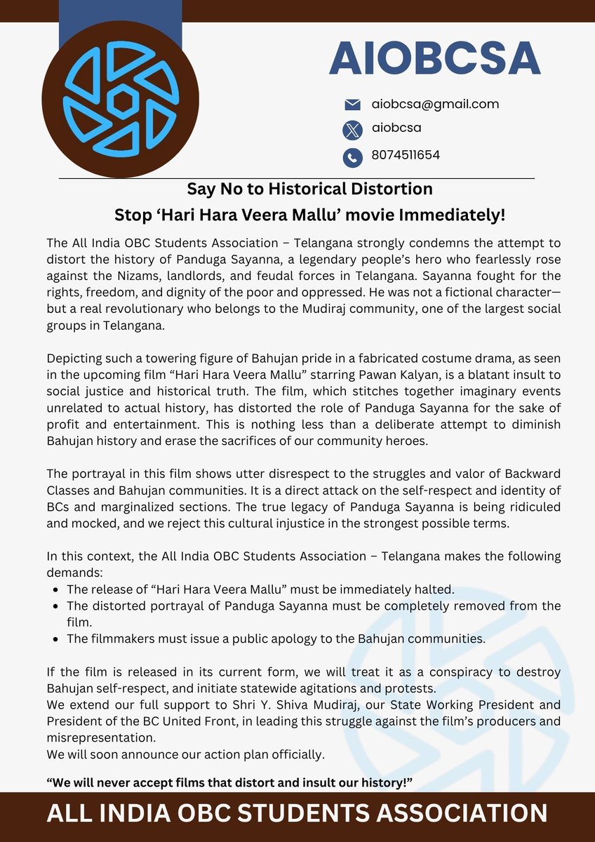 All India OBC Students Association (AIOBCSA) (@aiobcsa) on Twitter photo In name of protection of "Sanatana Dharma", distortion of "Bahujan History" will not be acceptable. <a href="/PawanKalyan/">Pawan Kalyan</a> must immediately respond on the issue. Hari Hara Veera Mallu movie must not be released in the Telugu states. It will hurt the sentiments of OBCs. <a href="/MudirajVoice/">Mudiraj Political Voice ముదిరాజ్ పొలిటికల్ వాయిస్</a> In name of protection of "Sanatana Dharma", distortion of "Bahujan History" will not be acceptable. <a href="/PawanKalyan/">Pawan Kalyan</a> must immediately respond on the issue. Hari Hara Veera Mallu movie must not be released in the Telugu states. It will hurt the sentiments of OBCs. <a href="/MudirajVoice/">Mudiraj Political Voice ముదిరాజ్ పొలిటికల్ వాయిస్</a>