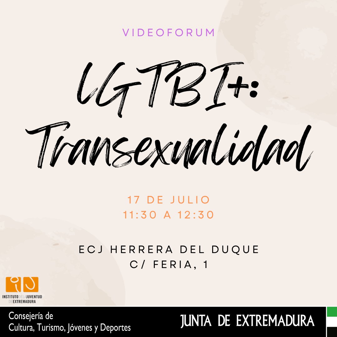 El @ecjherreradelduque quiere hacer partícipe a todos los/as usuarios/as a partir de los 16 años de un videoforum sobre transexualidad.
 
Se pretende acercar otras realidades y situaciones al público joven, mediante un videoforum
 
No os lo perdáis!!!
