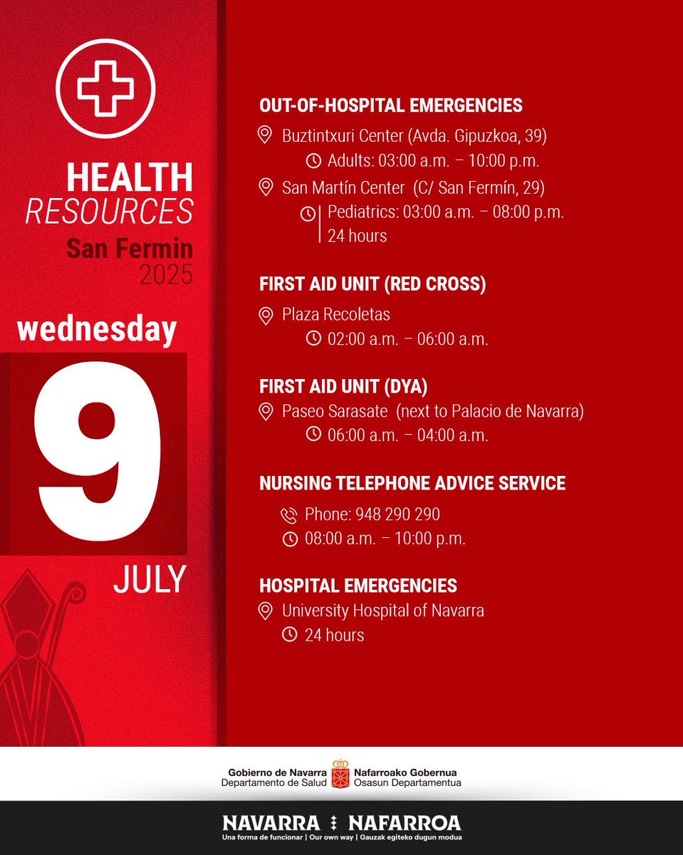🔻 Estos son los recursos sanitarios disponibles hoy 9 de julio

🔻 Hauek dira gaur, uztailak 9, erabilgarri dauden osasun baliabideak
 
🔻 These are the health resources available today July 9
 
#Sanfermines2025  #sanferminak2025