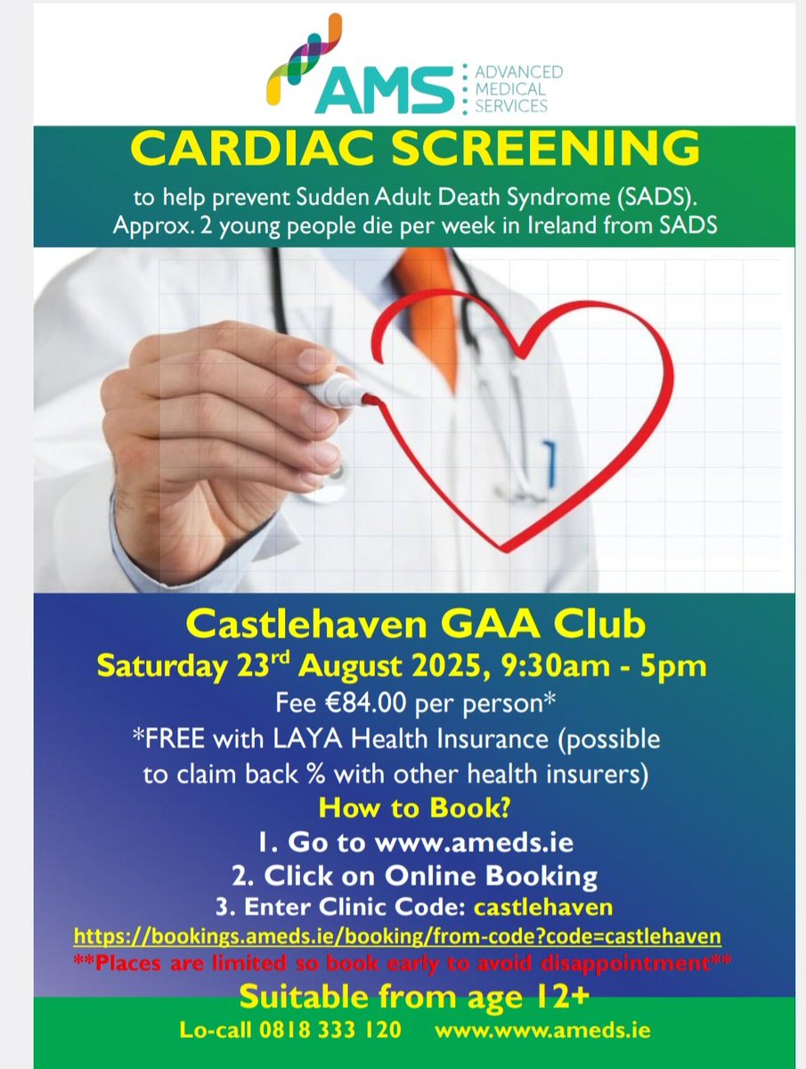 Cardiac Screening 2025 
Reminder to register for Screening test 
Castlehaven GAA Club Cardiac Screening 2025 .
- On Sat 23rd of August  9 30 am to 5 pm 
- At Moneyvollihane 
Open to all the community 
Check the poster for Screening details.