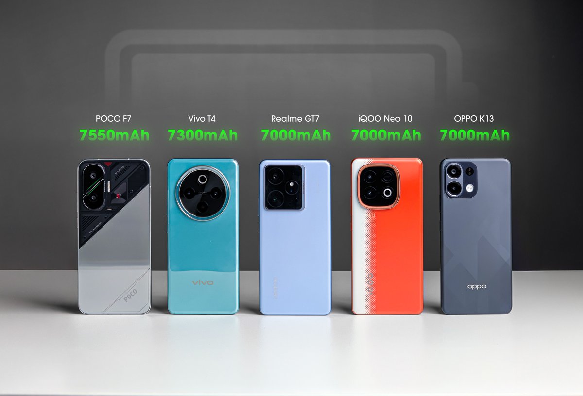 TechTadkaX's tweet photo. 🔋 The Ultimate Battery Test – Results Are Surprising AF! 🤯

1️⃣ vivo T4 — 7300mAh — ⏱️ 9Hr 46Mins
2️⃣ OPPO K13 — 7000mAh — ⏱️ 8Hr 59Mins
3️⃣ iQOO Neo 10 — 7000mAh — ⏱️ 8Hr 21Mins
4️⃣ POCO F7 — 7550mAh — ⏱️ 7Hr 42Mins
5️⃣ realme GT7 — 7000mAh — ⏱️ 5Hr 40Mins
😮 POCO F7, despite the biggest battery, came 2nd last?!
Battery size ≠ Battery life 📉
Which one shocked you the most? ⚡
#BatteryTest #TechTadka #SmartphoneTest