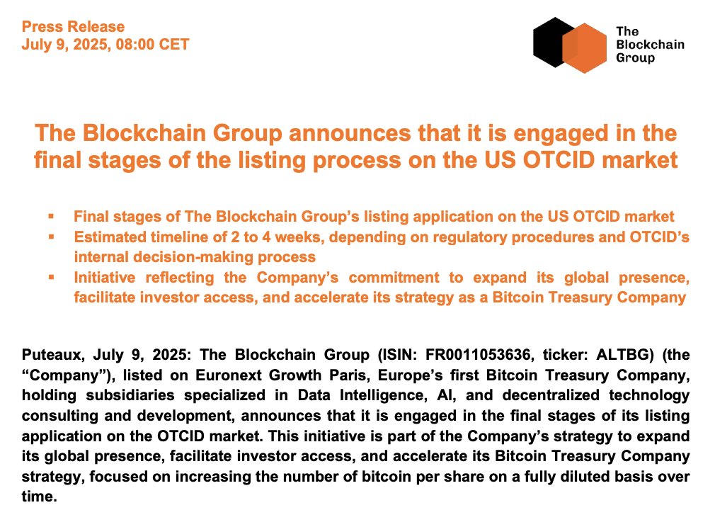 _ALTBG's tweet image. 🇺🇸 The Blockchain Group announces that it is engaged in the final stages of the listing process on the US OTCID market⚡️
Full Press Release (EN): theblockchain-group.com/wp-content/upl…
Full Press Release (FR): theblockchain-group.com/wp-content/upl…
BTC Strategy (EN): theblockchain-group.com/wp-content/upl…