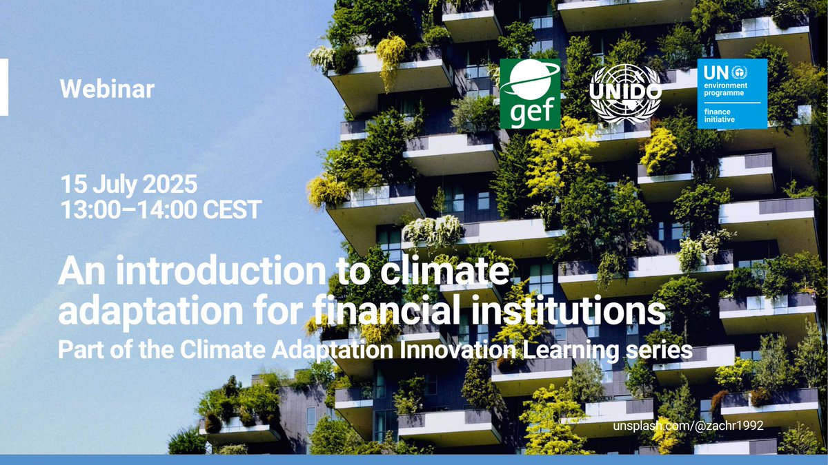 UNEP Finance Initiative (UNEP FI) (@unep_fi) on Twitter photo Join us for the launch of a new webinar series on #ClimateAdaptation for the #FinanceSector. Learn how adaptation-related information flows help unlock financing, particularly in developing and emerging markets.
🔗 Register: ow.ly/KXBJ50WiSto Join us for the launch of a new webinar series on #ClimateAdaptation for the #FinanceSector. Learn how adaptation-related information flows help unlock financing, particularly in developing and emerging markets.
🔗 Register: ow.ly/KXBJ50WiSto