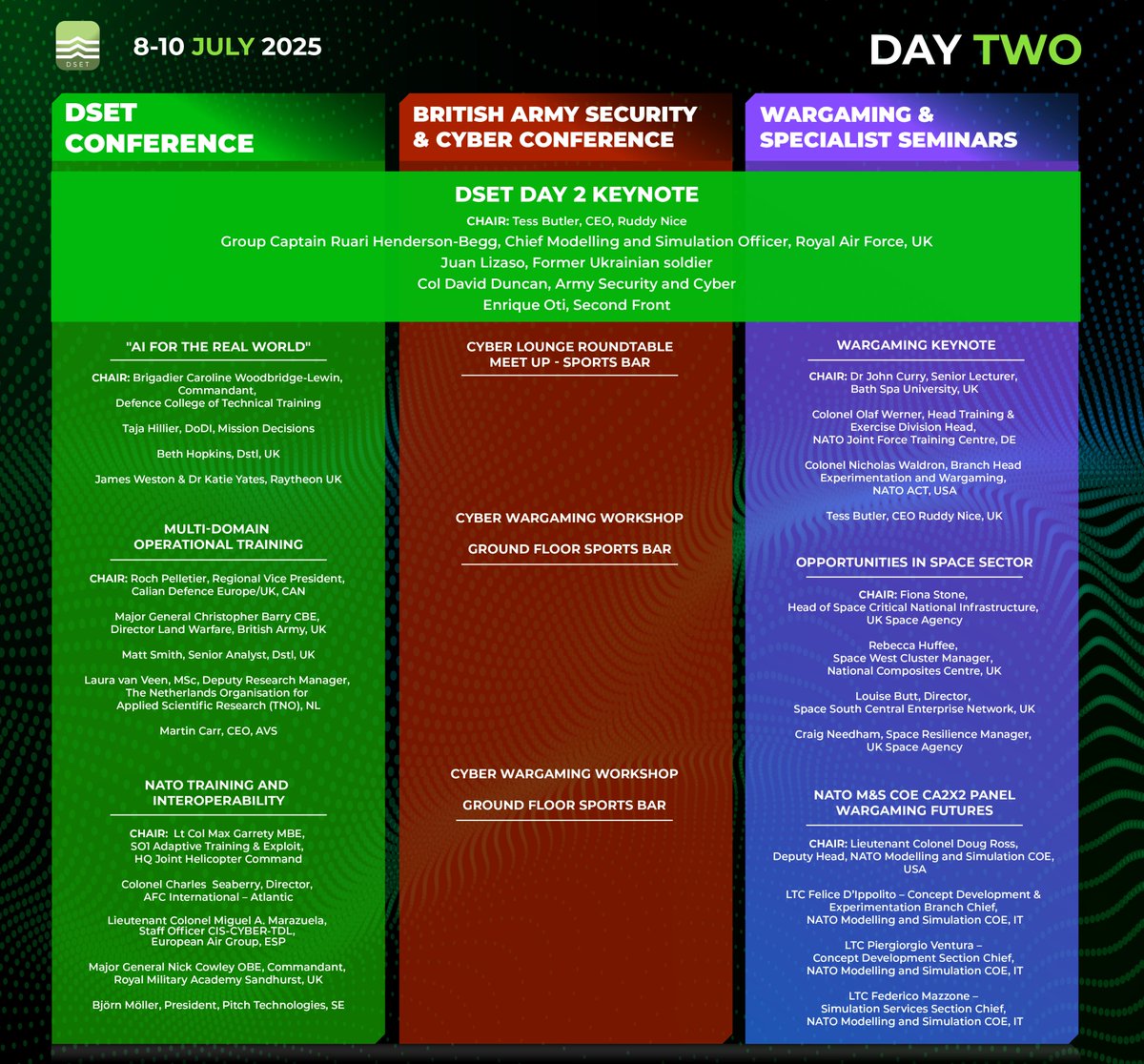 DSET_EVENT's tweet image. Today at DSET 2025
DSET Conference
Wargaming Conference/DSET Seminars
Cyber Lounge & Wargaming
British Army Security & Cyber Dinner and Awards Night
#DSET #DSET2025