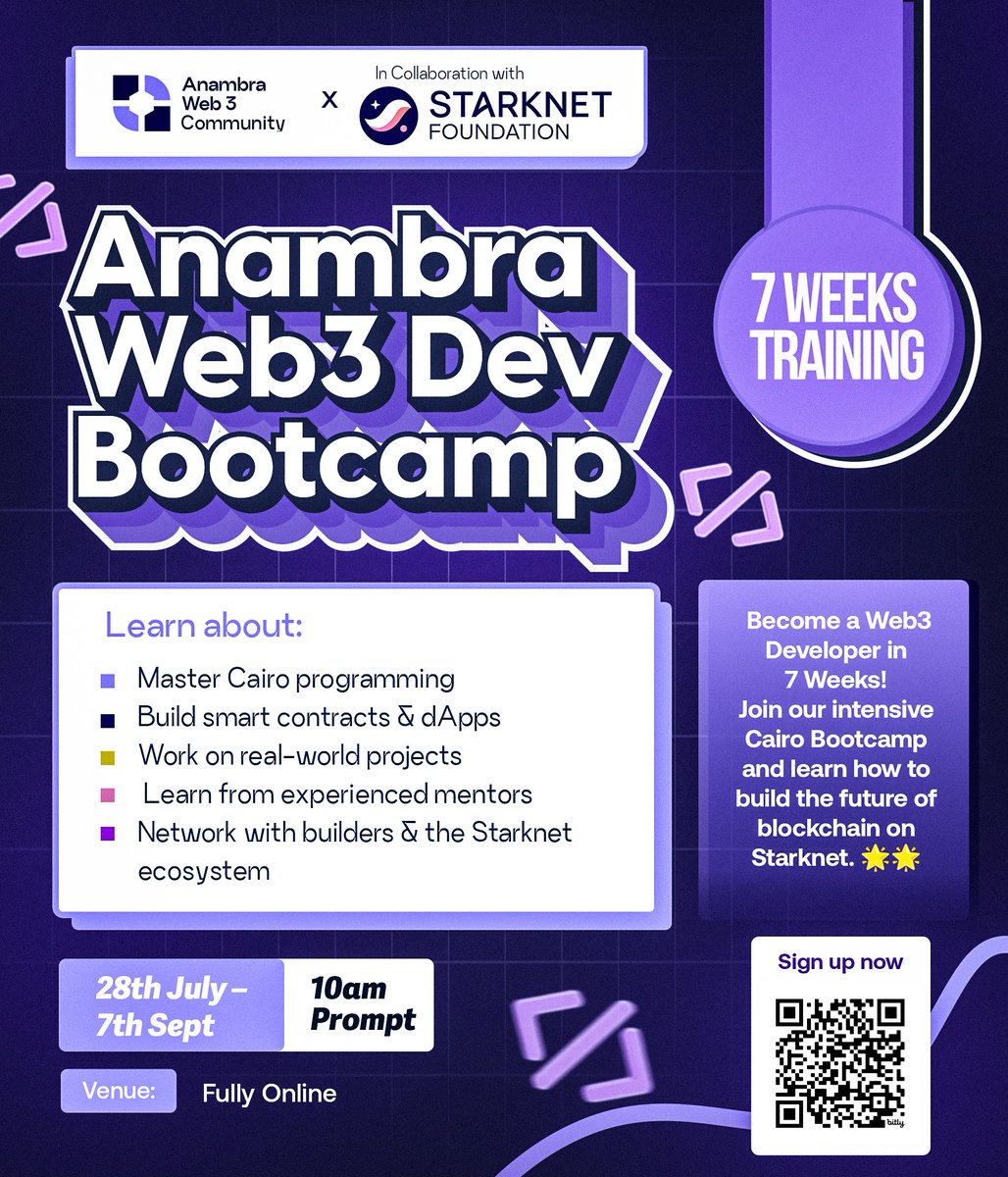 Anambra Web3 Conference (@anambraweb3conf) on Twitter photo π¨ BIG ANNOUNCEMENT! π¨
Weβre taking Web3 in Anambra to the NEXT LEVEL! π€―
Weβre excited to launch the Anambra Web3 Developers (Cairo) Bootcamp in collaboration with <a href="/StarknetFndn/">Starknet Foundation</a> your chance to become a Web3 developer in 7 weeks and learn how to build with Cairo on Starknet. π¨ BIG ANNOUNCEMENT! π¨
Weβre taking Web3 in Anambra to the NEXT LEVEL! π€―
Weβre excited to launch the Anambra Web3 Developers (Cairo) Bootcamp in collaboration with <a href="/StarknetFndn/">Starknet Foundation</a> your chance to become a Web3 developer in 7 weeks and learn how to build with Cairo on Starknet.