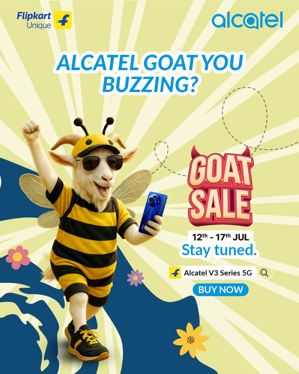 IndiaAlcatel's tweet photo. Feel the buzz? Alcatel V3 Series 5G lands on Flipkart GOAT Sale soon. 
Stay tuned for the drop.

#Alcatel #AlcatelV3Series5G #FlipkartGOATSale #enjoynow #StayTuned https://t.co/RpVnWrB8xW