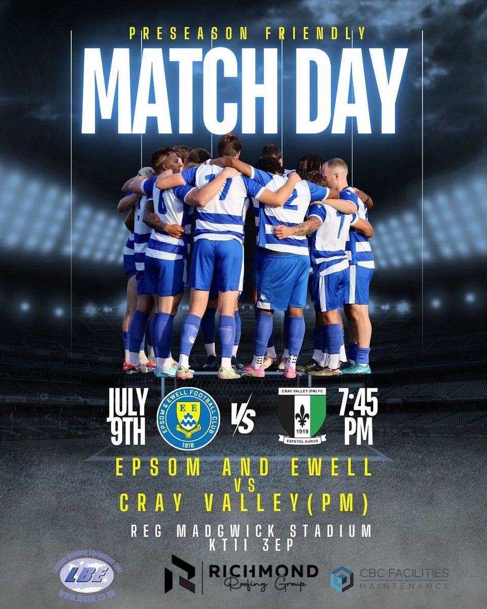 Epsom & Ewell Football Club (@epsomewellfc) on Twitter photo β½ GAME DAY! β½
We host <a href="/CrayValleyPM/">Cray Valley (PM) FC</a> this evening at The Reg Madgwick Stadium!
π
July 9 | β° 7:45 PM KO
ποΈ Β£3 adults | U16s FREE
π KT11 3EP
π³ Card accepted (exact change preferred)
Be there. Be loud. Back the boys! π§β½
#WeAreEpsom #Salts #Game2 β½ GAME DAY! β½
We host <a href="/CrayValleyPM/">Cray Valley (PM) FC</a> this evening at The Reg Madgwick Stadium!
π
July 9 | β° 7:45 PM KO
ποΈ Β£3 adults | U16s FREE
π KT11 3EP
π³ Card accepted (exact change preferred)
Be there. Be loud. Back the boys! π§β½
#WeAreEpsom #Salts #Game2