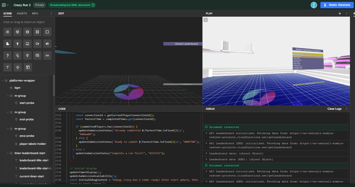 Directive Creator 🪥 (@escapation) on Twitter photo Learning MML Day #755
That's right, I'm still learning and building new things every day!
Did you know Crazy Run 2 was built entirely in MML? Just one file, 2,742 lines of code! 👇🧵 Learning MML Day #755
That's right, I'm still learning and building new things every day!
Did you know Crazy Run 2 was built entirely in MML? Just one file, 2,742 lines of code! 👇🧵