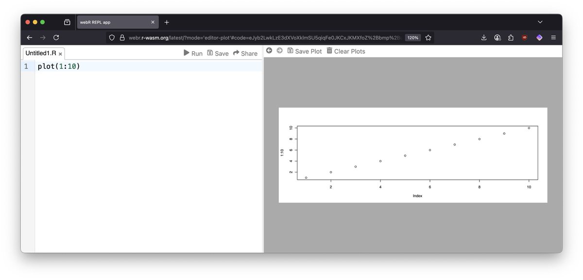Shoutout to George Stagg for another #rstats #webR REPL update:

1. Shared code now auto-runs when you click links (by adding &amp;a parameter to end of code=)
2. Choose your view: editor, plot, terminal, or files with ?mode='editor-plot'

Try it yourself: webr.r-wasm.org/latest/?mode=%…