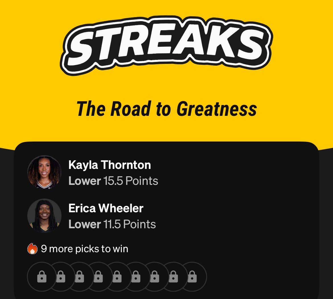 Starting a wnba streak. 

Thornton -125 to go under. Had exactly 16 last game but 13/15 going under vs ind 

Erica -115 over &amp; under but I’m rolling with the under. Had 6 last head to head this szn. 16/20 going under. She be having her slumps so I’m rollin

Walk wit me 🚶🏾‍♂️🚶🏾‍♂️