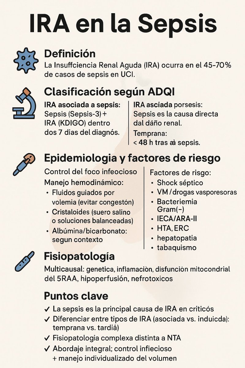 NefroGetafe (@nefrogetafe) on Twitter photo 🚨 Sepsis = principal causa de IRA en UCI (🛏️💉 45–70%)
🧬 Fisiopatología compleja ≠ NTA
👀 Ojo: asociada ≠ inducida
🧯 Clave: controlar infección + manejo de fluidos 🧪💧
⛔ No hay tratamiento específico (por ahora) <a href="/SENefrologia/">S.E.N. Nefrología</a> <a href="/SOMANEorg/">Sociedad Madrileña de Nefrología (SOMANE)</a> sciencedirect.com/science/articl… 🚨 Sepsis = principal causa de IRA en UCI (🛏️💉 45–70%)
🧬 Fisiopatología compleja ≠ NTA
👀 Ojo: asociada ≠ inducida
🧯 Clave: controlar infección + manejo de fluidos 🧪💧
⛔ No hay tratamiento específico (por ahora) <a href="/SENefrologia/">S.E.N. Nefrología</a> <a href="/SOMANEorg/">Sociedad Madrileña de Nefrología (SOMANE)</a> sciencedirect.com/science/articl…