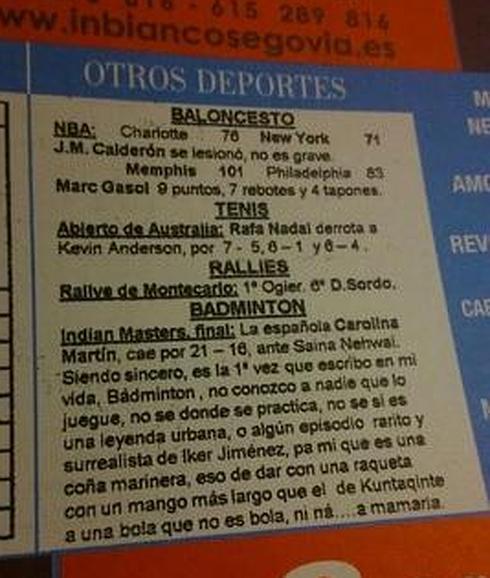 Publicado en el diario de Soria hace eones. Al tío del badminton lo amaré toda la vida, así que lo pongo OTRA VEZ MÁS, SÍ. 
*Hoy en "refritos" del verano.