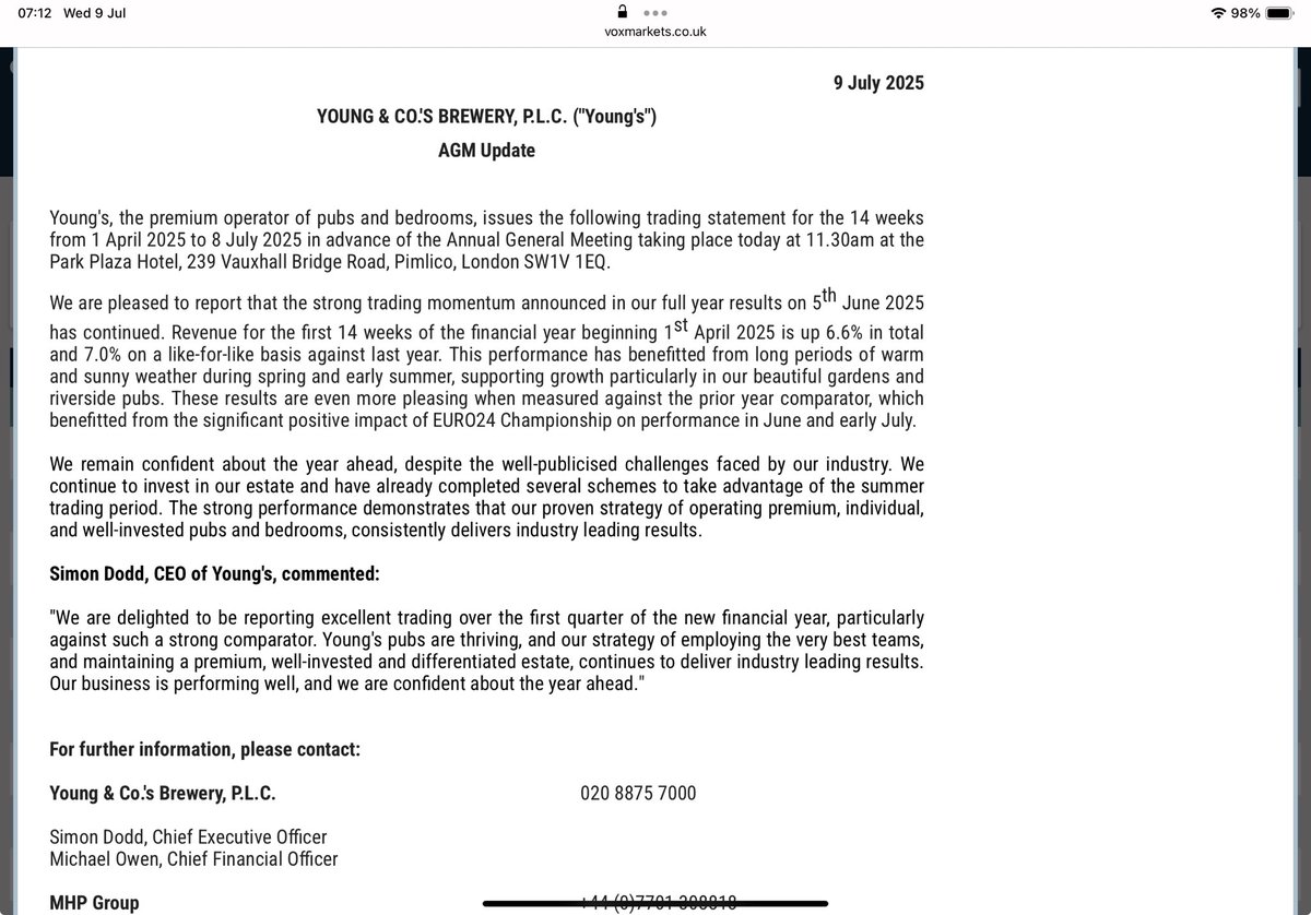 #YNGA It’s great to see the hospitality sector reporting decent trading
“Revenue for the first 14 weeks of the financial year beginning 1st April 2025 is up 6.6% in total and 7.0% on a like-for-like basis against last year”
Sunny weather continues to help
I may have contributed🙄