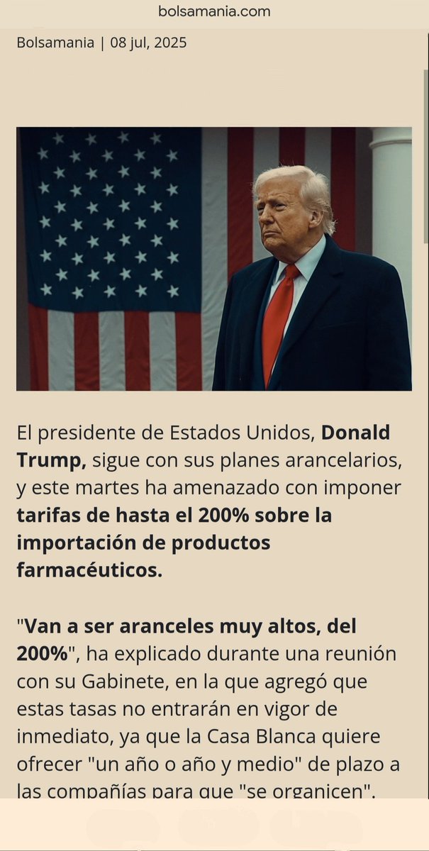 pharma_jonpi's tweet photo. TRUMP ADELANTA QUE SUS ARANCELES A PRODUCTOS FARMACÉUTICOS PODRÍAN LLEGAR AL 200% .
#jazzpharma #amgen #nasdaq @US_FDA @EMA_News #Pharmamar #grifols #almirall #rovi #ibex #ftse #dax #ireland #DowJones #farmaceutica https://t.co/AlnFJhxWO3
