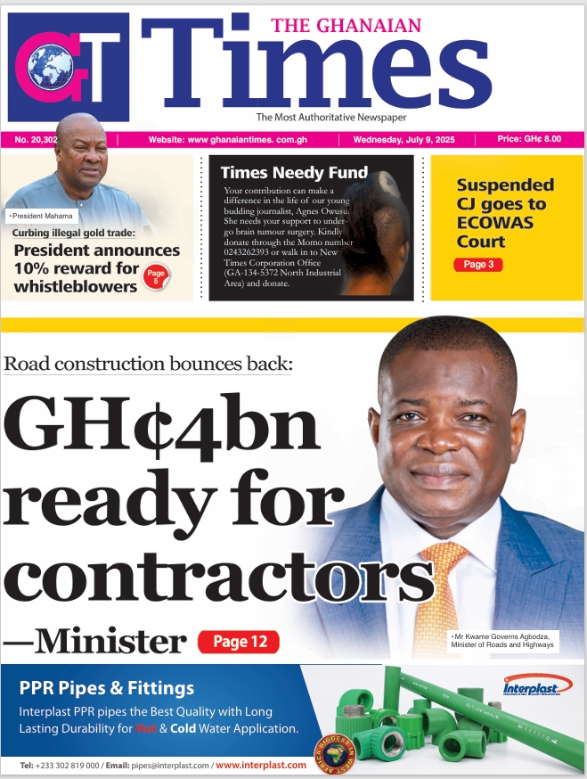 Ghanaian_Times's tweet photo. 🌟 **GHANAIAN TIMES - FRONT PAGE - JULY9, 2025** 
Stay updated by visiting [Ghanaian Times](https://t.co/rmjoZ8qEs6). Don't forget to follow us for daily news updates!

#GhanaianTimes #ewuramathefulloption #TheIMF #IbrahimMahama #LosAngeles https://t.co/7bZ1BD0eaF