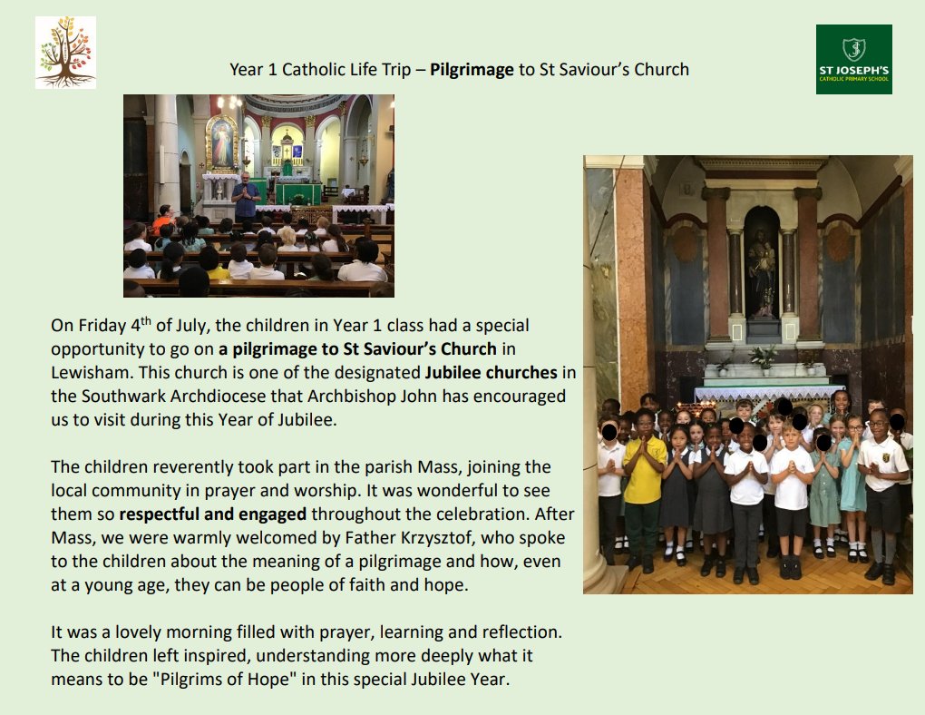 StJosephsCatho4's tweet image. On Friday 4th July, Year 1 went on a special Jubilee pilgrimage to St Saviour’s Church, Lewisham — one of the designated churches in the Southwark Archdiocese. The children reverently took part in Mass and spoke with Fr Krzysztof about being Pilgrims of Hope. 🌟⛪️ #YearOfJubilee