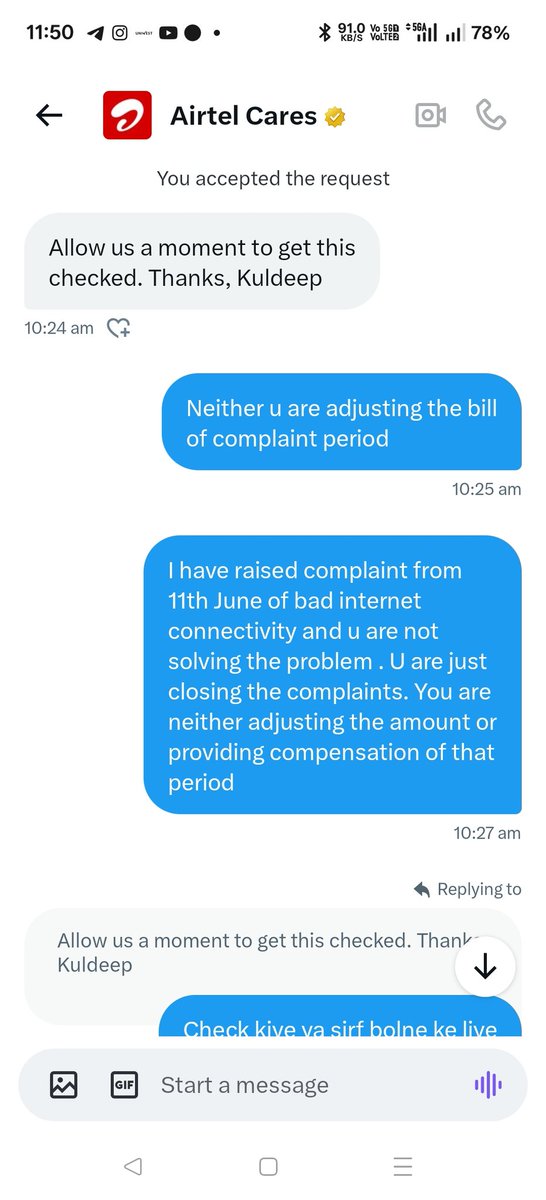 durlabh95's tweet photo. @Airtel_Presence It's the service you are providing..you texted at 10:24 that u are checking and no update after that. Pathetic.@TRAI plz look in to these type of matters where company is not solving the user problem https://t.co/zYtV3tZmMy