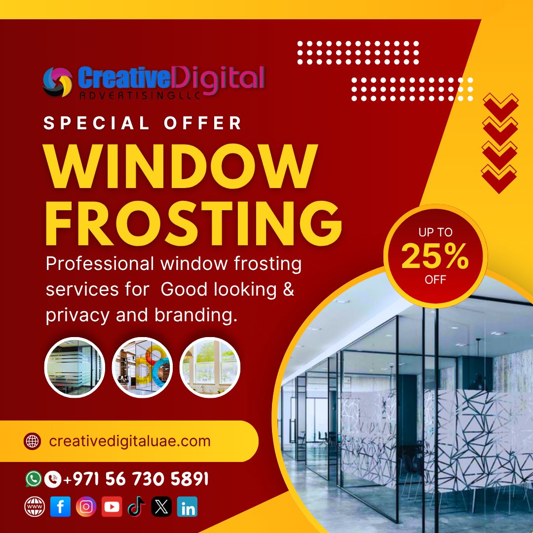 creativeadvtdxb's tweet image. Window frosting services provide a sleek, modern solution for enhancing privacy while maintaining natural light. Ideal for offices, retail stores, homes, and commercial buildings, frosted window films are both functional and stylish. 
📱 +971 56 730 5891
#WindowFrosting