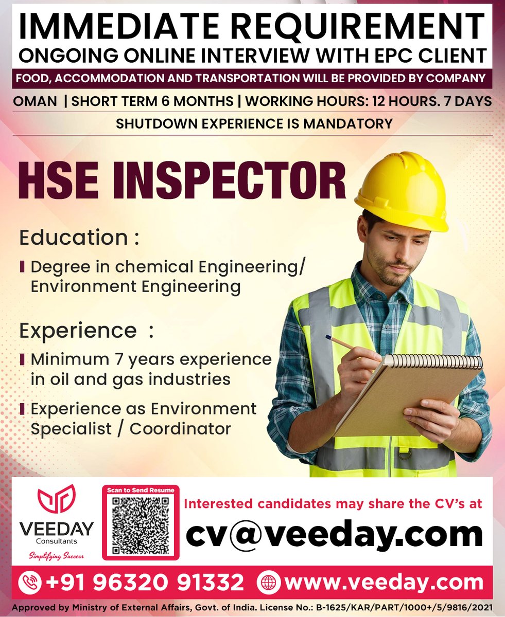 IMMEDIATE REQUIREMENT ONGOING ONLINE INTERVIEW WITH EPC CLIENT

HSE Inspector

Interested candidates may share the CV’s at
cv@veeday.com
+91 96320 91332 

#HSEInspector #OmanJobs #ShutdownJobs #OilAndGasJobs 
#EPCJobs #HSEJobs #EnvironmentalEngineer #MiddleEastJobs