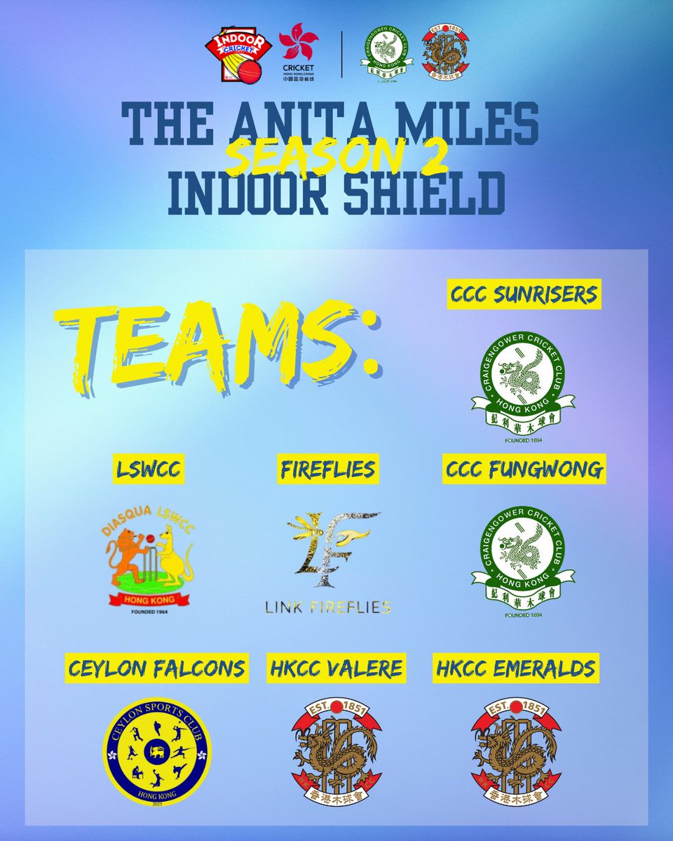 Get ready for more indoor action as The Anita Miles Indoor Shield Season 2 is kicking off on 15th July!

We are thrilled to announce the 7 participating teams. We would also like to extend a massive thank you to HKCC and CCC for hosting this league at their Indoor venues.

Keep