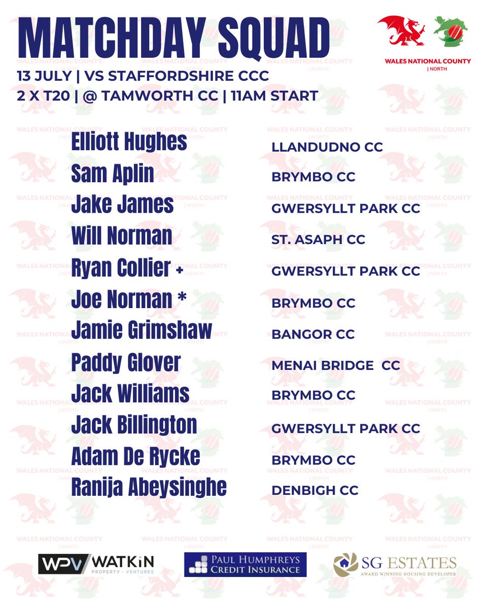 📋 Team News

Wales National County North are in action this Sunday 🏏

🆚 Staffordshire CCC
📍 Tamworth Cricket Club
🕚 11am start
🔁 Two T20s
☀️ 28 degrees

Let’s go!

🏴󠁧󠁢󠁷󠁬󠁳󠁿🐉 #WalesNCNorth #ForTheNorth