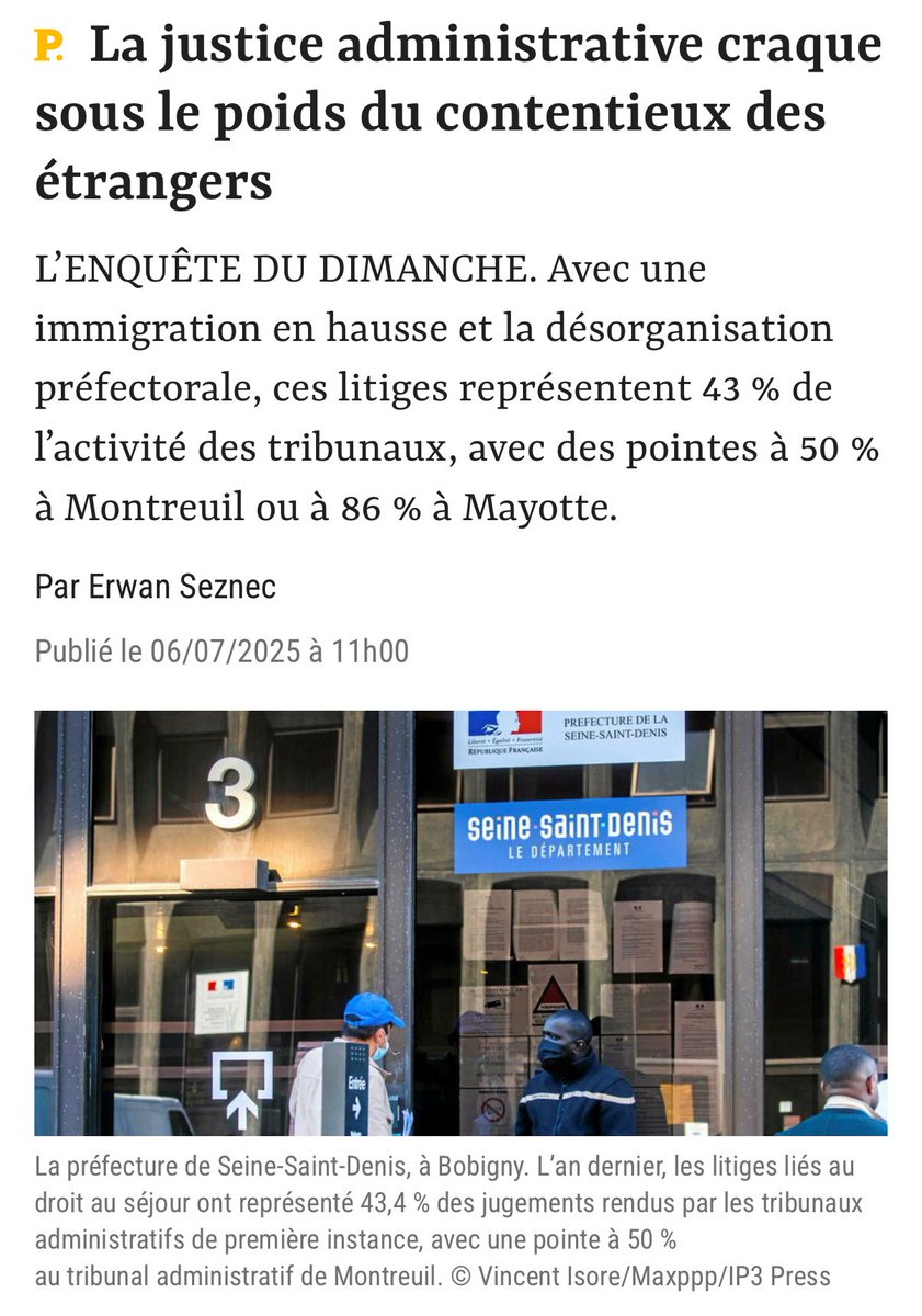 ⚖️ Où l’on apprend que les litiges liés au droit au séjour représentent par exemple à Melun 54% des jugements rendus par les TA de première instance ! 

C’est comme ça dans tous les domaines où la présence massive d’étrangers embolise tous les services normalement dévolus aux
