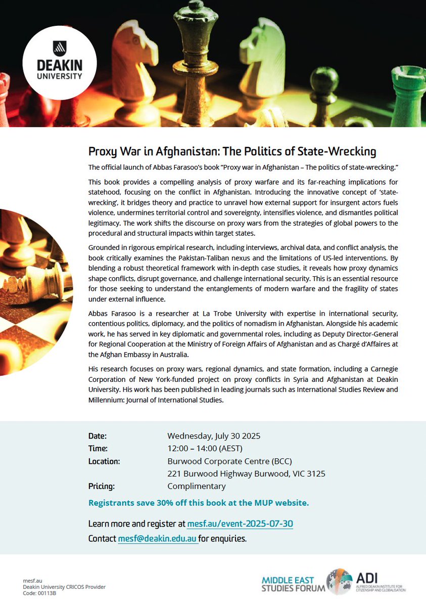 Abbas Farasoo (@abbasfarasoo) on Twitter photo Thanks to <a href="/MESF_Deakin/">Middle East Studies Forum</a> for hosting this event. Looking forward to discussing 'Proxy War in Afghanistan: The Politics of State-Wrecking' with colleagues & friends at <a href="/Deakin/">Deakin University</a>. Grateful for the opportunity to share this work. Full details here:
mesf.au/event-2025-07-…
<a href="/ManchesterUP/">Manchester University Press</a> Thanks to <a href="/MESF_Deakin/">Middle East Studies Forum</a> for hosting this event. Looking forward to discussing 'Proxy War in Afghanistan: The Politics of State-Wrecking' with colleagues & friends at <a href="/Deakin/">Deakin University</a>. Grateful for the opportunity to share this work. Full details here:
mesf.au/event-2025-07-…
<a href="/ManchesterUP/">Manchester University Press</a>