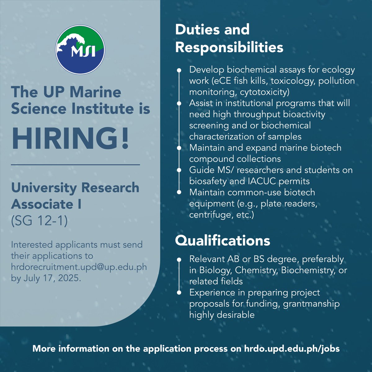 URGENT HIRING: The UP Marine Science Institute is looking for a University Research Associate II and a University Research Associate I. Interested applicants must send their applications to hrdorecruitment.upd@up.edu.ph by July 17, 2025. More info at hrdo.upd.edu.ph/jobs