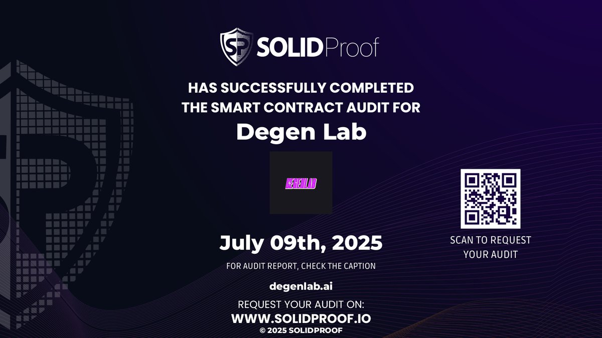 We have finished the smart contract audit process for <a href="/degenlab_ai/">degenlab</a>🛡️

📷Check our findings and security score here:
app.solidproof.io/projects/degen…

Need a Smart contract audit, KYC or development support? Send us a message, our sales team will gladly make a customized offer for you!