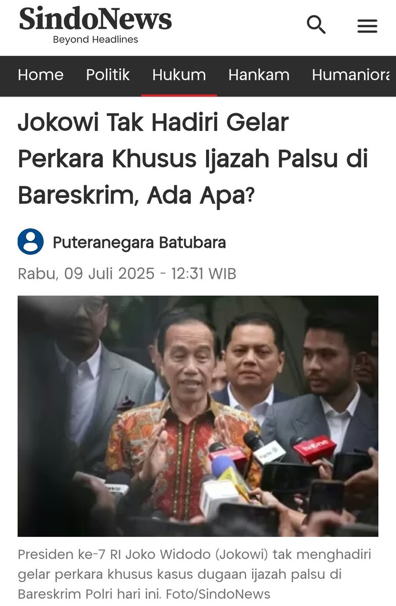 Jokowi tak hadir saat gelar perkara khusus Ijazah Palsu di Bareskrim.

Objek Fisik Ijazah Jokowi juga ogah ditunjukkan oleh Kuasa Hukum.

Kalau begini, wajar masyarakat menilai Jokowi Tidak Kooperatif dan Menghalangi Proses yang Dilakukan Bareskrim.