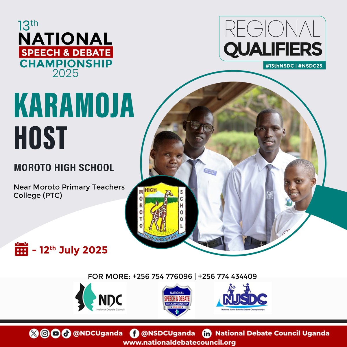 This Saturday on the #13thNSDC Regional Qualifier

Karamoja: Moroto, Kotido, Kaabong, Abim, Napak, Amudat, Nakapiripirit, and Nabilatuk.
🗓️ 12th July 2025
📍 Host: Moroto High School, near Moroto PTC

Who's shining for Karamoja?
#NSDC2025 | #DebateUG