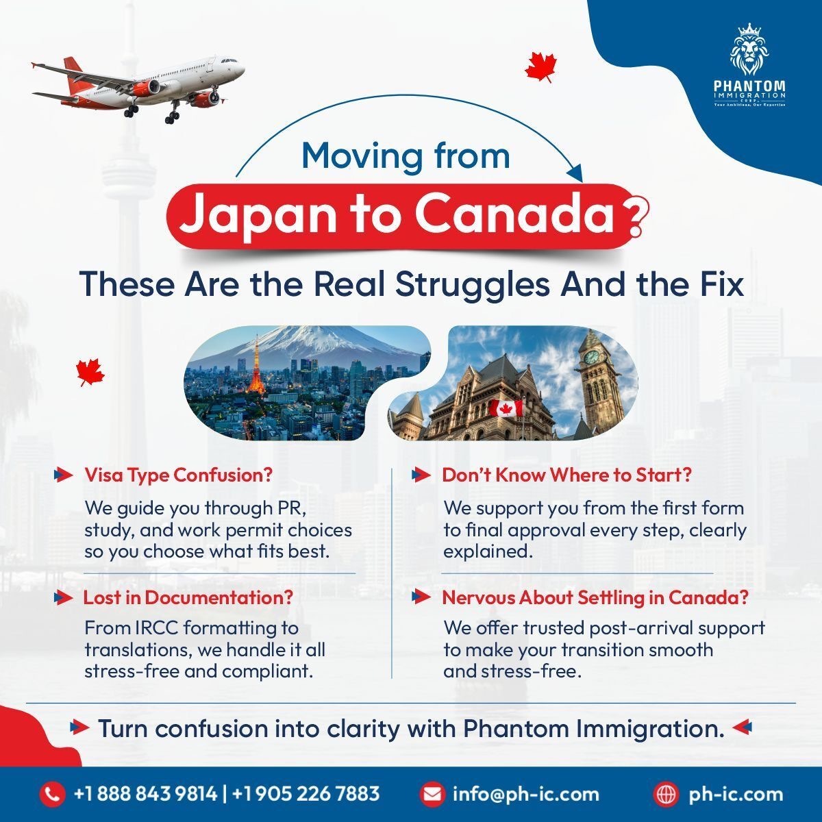 Phantom_IC's tweet photo. From Tokyo stress to Toronto success.
The move to Canada can feel like a maze, paperwork, pathways & post-landing anxiety.
We simplify every step
-Visa pathway clarity
-IRCC-ready documentation
-Full application support
-Post-arrival guidance
#JapanToCanada #PhantomImmigration https://t.co/Z49U0lOjgZ
