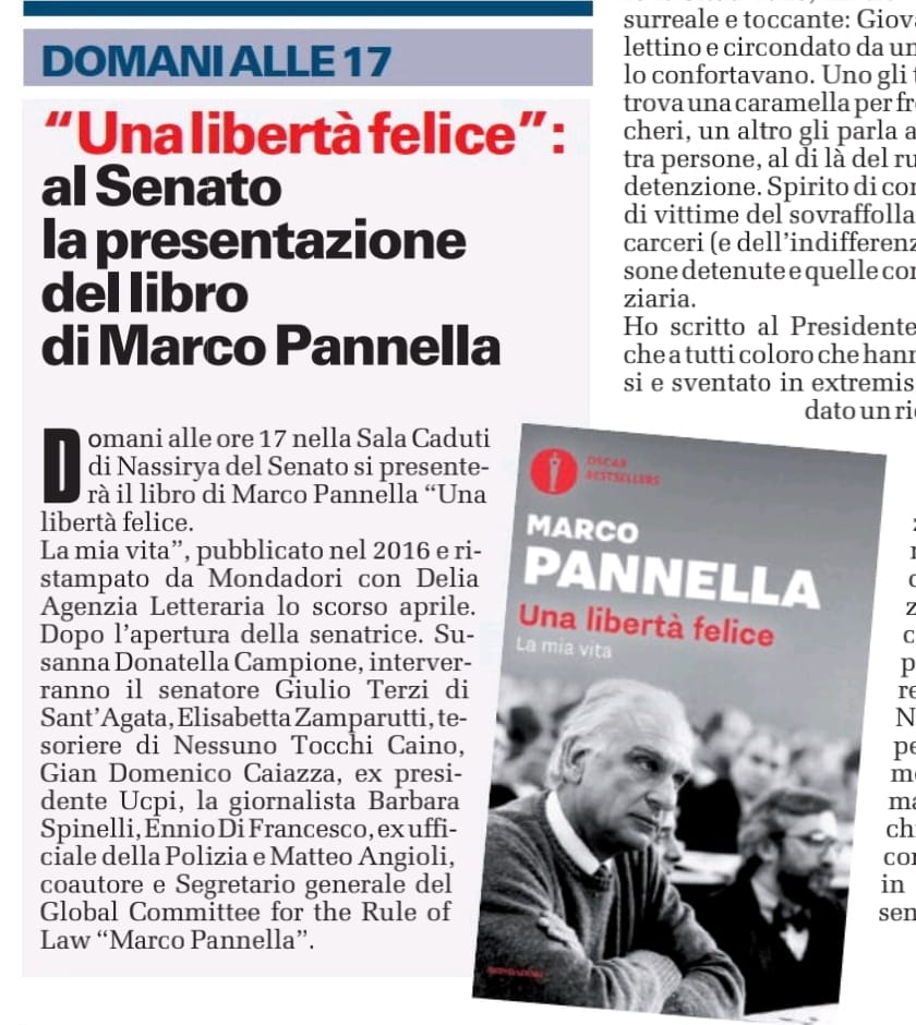 Matteo Angioli (@matteo_angioli) on Twitter photo Presentiamo il libro di <a href="/MarcoPannella/">Marco Pannella</a> "Una libertà felice" domani alle 17 in #Senato con <a href="/SusannaCam55847/">Susanna Donatella Campione</a> <a href="/GiulioTerzi/">Giulio Terzi</a> <a href="/gdcaiazza/">Gian Domenico Caiazza</a> <a href="/elizamparutti/">ElisabettaZamparutti</a> #BarbaraPalombelli #EnnioDiFrancesco.
Grazie a <a href="/ildubbionews/">Il Dubbio</a>!
Per partecipare ✍️ nome e cognome a: matteo.angioli@senato.it Presentiamo il libro di <a href="/MarcoPannella/">Marco Pannella</a> "Una libertà felice" domani alle 17 in #Senato con <a href="/SusannaCam55847/">Susanna Donatella Campione</a> <a href="/GiulioTerzi/">Giulio Terzi</a> <a href="/gdcaiazza/">Gian Domenico Caiazza</a> <a href="/elizamparutti/">ElisabettaZamparutti</a> #BarbaraPalombelli #EnnioDiFrancesco.
Grazie a <a href="/ildubbionews/">Il Dubbio</a>!
Per partecipare ✍️ nome e cognome a: matteo.angioli@senato.it