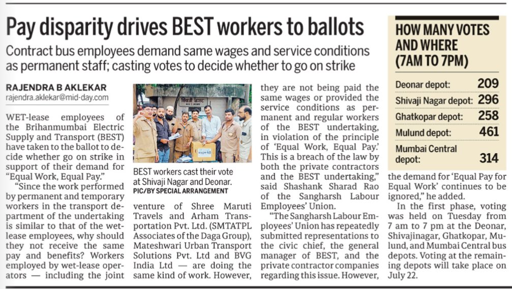 Mumbai B.E.S.T bus wetlease workers take the ballot to decide on strike call for 'Equal Pay, Equal Work'. Details here:  share.google/ijrm7OdHEefB5D…