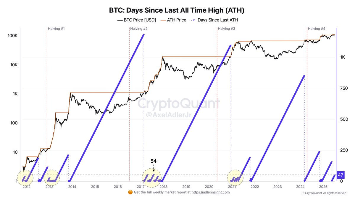 If there is no deep correction (a decline of more than 20%) during a bull market, a new all-time high typically occurs within 50 days. It's now been 47 days since the last ATH, and we haven’t seen any major pullback. 

History doesn’t have to repeat itself  but the numbers don’t