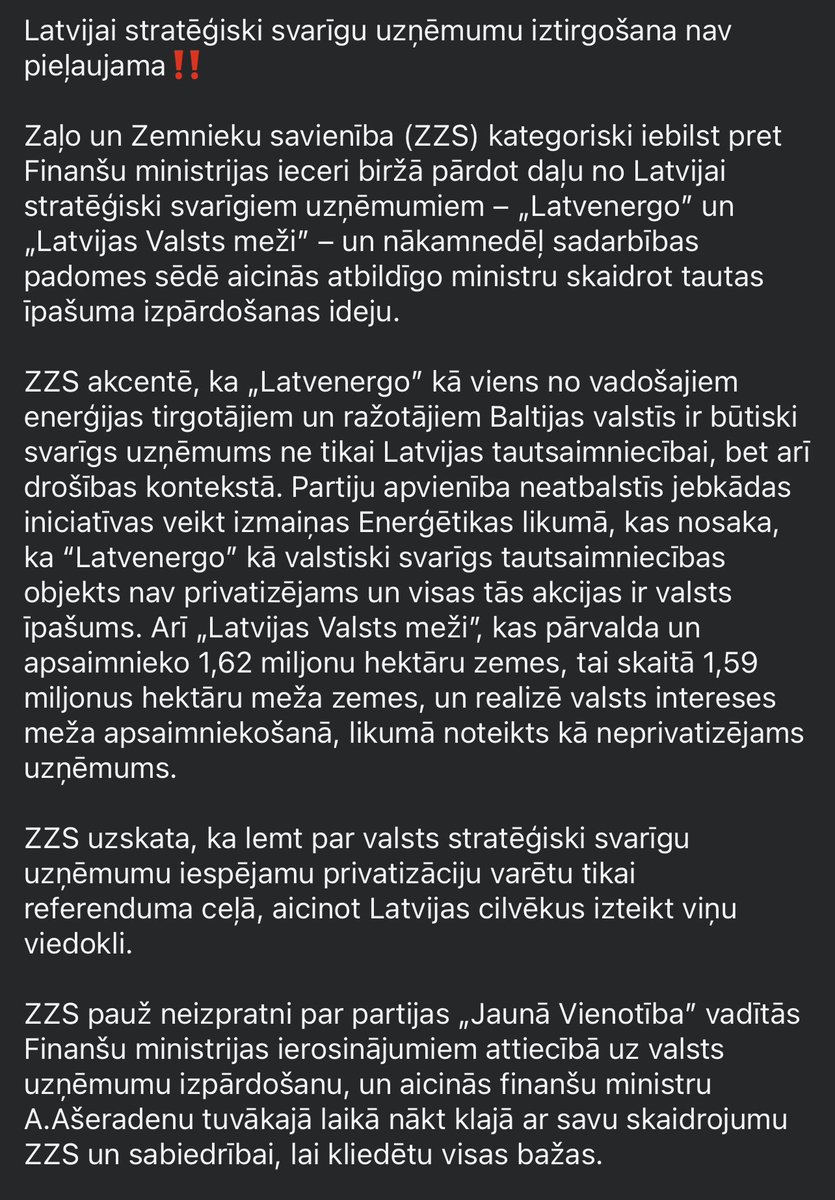 Latvijai stratēģiski svarīgu uzņēmumu iztirgošana nav pieļaujama!‼️

zzs.lv/latvijai-strat…