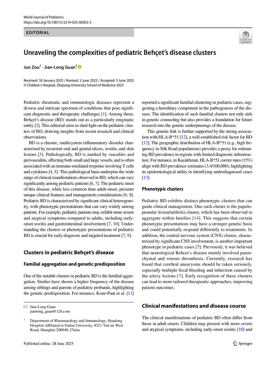 World_J_Pediatr's tweet image. Recognizing clinical and genetic clusters in pediatric Behçet’s disease can guide earlier diagnosis and personalized treatment approaches.
#Meded #SoMe4PedSurg #Pediatrics #PediatricRheumatology #BehcetsDisease #AutoimmuneDisease #PrecisionMedicine
link.springer.com/article/10.100…