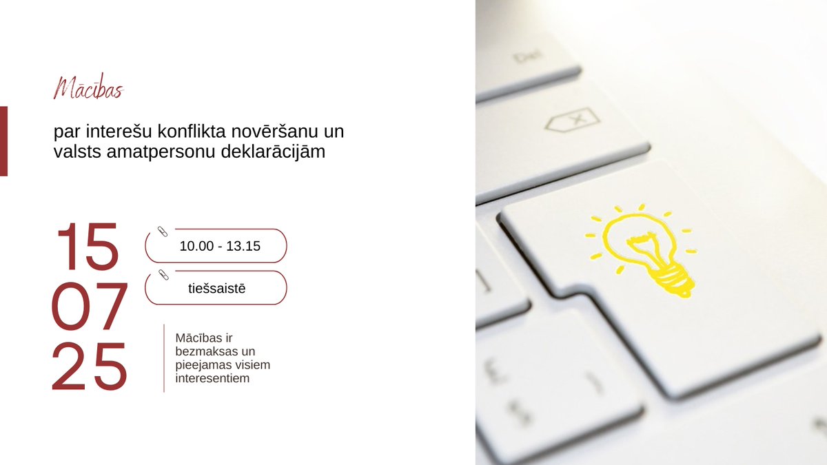 Korupcijas novēršanas un apkarošanas birojs (@knabinforme) on Twitter photo KNAB sadarbībā ar <a href="/lps_lv/">Latvijas Pašvaldību savienība</a> un <a href="/vid_gov/">VID</a> aicina pašvaldību domju deputātus u.c. interesentus piedalīties tiešsaistes mācībās “Interešu konflikta novēršanas un valsts amatpersonas deklarācijas pamatjautājumi”.
🗓️ 15.07. | 🕙 10.00 – 13.15 | 💻 <a href="/lps_lv/">Latvijas Pašvaldību savienība</a>
🔗lps.lv/lv/zinas/lps/8… KNAB sadarbībā ar <a href="/lps_lv/">Latvijas Pašvaldību savienība</a> un <a href="/vid_gov/">VID</a> aicina pašvaldību domju deputātus u.c. interesentus piedalīties tiešsaistes mācībās “Interešu konflikta novēršanas un valsts amatpersonas deklarācijas pamatjautājumi”.
🗓️ 15.07. | 🕙 10.00 – 13.15 | 💻 <a href="/lps_lv/">Latvijas Pašvaldību savienība</a>
🔗lps.lv/lv/zinas/lps/8…