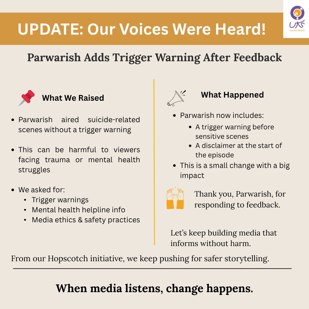 We spoke up and they listened! 💥
Parwarish now adds a trigger warning before suicide-related scenes.

This is the kind of change we push for at Uks &amp; #HopscotchByUks.
Small step. Big impact. 💛
Let’s keep pushing for safe, responsible media.

#TriggerWarningMatters #MentalHealth