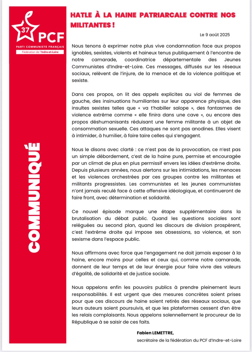 PCF_Tours's tweet photo. 🔴 [Communiqué] Appels à la violence sexiste, intimidations, menaces de viol envers la coordinatrice du @mjcf37 

✊ Face à cette violence, faisons bloc ! https://t.co/ObqcibCaiE