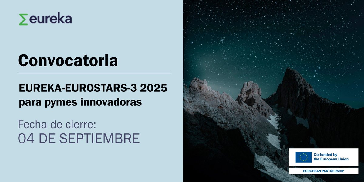 @CDTI_innovacion (@cdti_innovacion) on Twitter photo 📢 RECUERDA
La convocatoria 2025 de #Eurostars3 está abierta hasta el 🗓️4 de SEPTIEMBRE
✅ Dirigida a #PymesInnovadoras
🤝 Proyectos colaborativos, transnacionales y orientados al mercado
<a href="/CDTI_innovacion/">@CDTI_innovacion</a> es el organismo responsable de su gestión en España
Más información 👉 📢 RECUERDA
La convocatoria 2025 de #Eurostars3 está abierta hasta el 🗓️4 de SEPTIEMBRE
✅ Dirigida a #PymesInnovadoras
🤝 Proyectos colaborativos, transnacionales y orientados al mercado
<a href="/CDTI_innovacion/">@CDTI_innovacion</a> es el organismo responsable de su gestión en España
Más información 👉