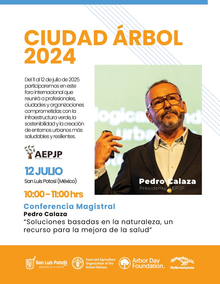 🌳 Desde la <a href="/AEPJP/">Asociación Española de Parques y Jardines Públicos</a> estaremos presentes en Ciudad Árbol 2025 en San Luis Potosí 🇲🇽.
Nuestro presidente, <a href="/pedro_calaza/">Pedro Calaza</a> , ofrecerá una ponencia magistral para impulsar las sbn como mejora de la salud en las ciudades. 🌿🌍
#CiudadÁrbol #AEPJP #InfraestructuraVerde
